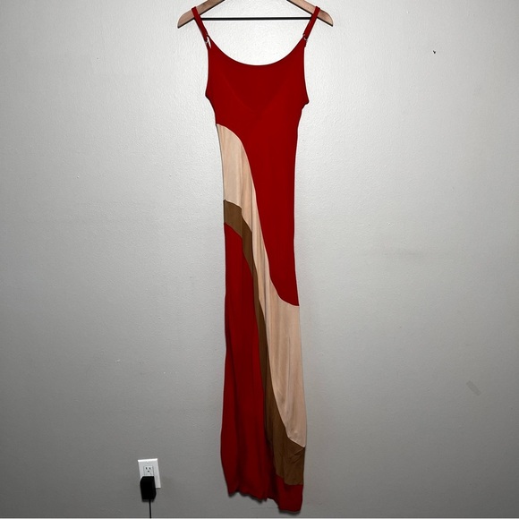 Haute Hippie Women Maxi Dress Medium Red Swirl Bodycon Side Split Tank Statement - Picture 9 of 10